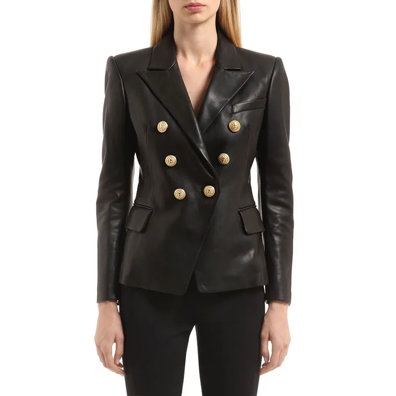 

WISHBOP Woman Luxury Classic SOFT Lambskin Leather Fitted Blazer with double breasted buttons Notched collar peaked shoulder