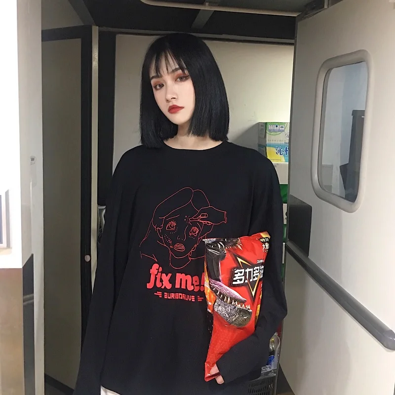 Футболка Femme 2020 осенняя одежда Корейский Ulzzang Harajuku забавная футболка с длинным