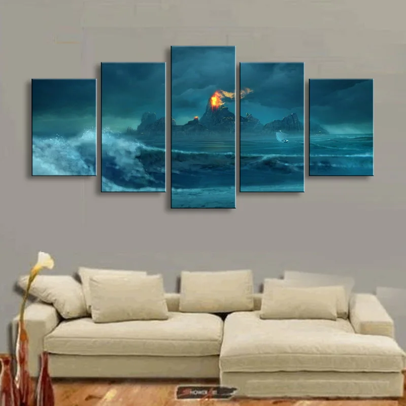 5 pieces high-definition print Volcanic island canvas oil painting poster and wall art living room picture HaiD-002 (3)