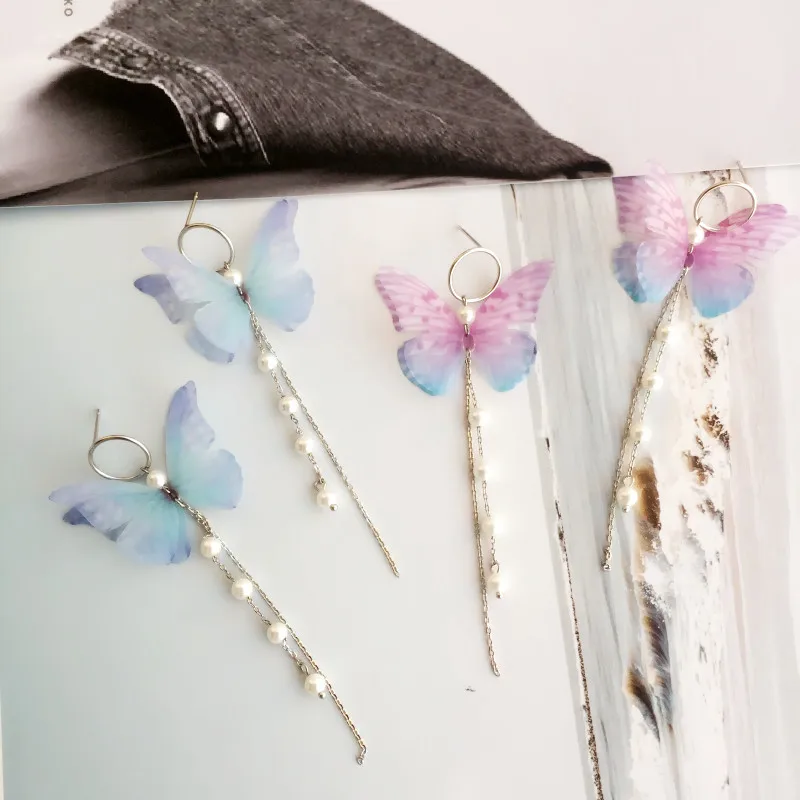 

Fashion 925 Sterling Silver Earring Simulated Pearl Korean Butterfly Long Tassel Earrings Women Lady Fashion Jewelry