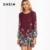 Шеин бордовый Florals шифоновое платье, Мода 2017 г. осень Для женщин Повседневное одежда с длинным рукавом Платья для женщин, Цветочный принт свободная туника Костюмы
