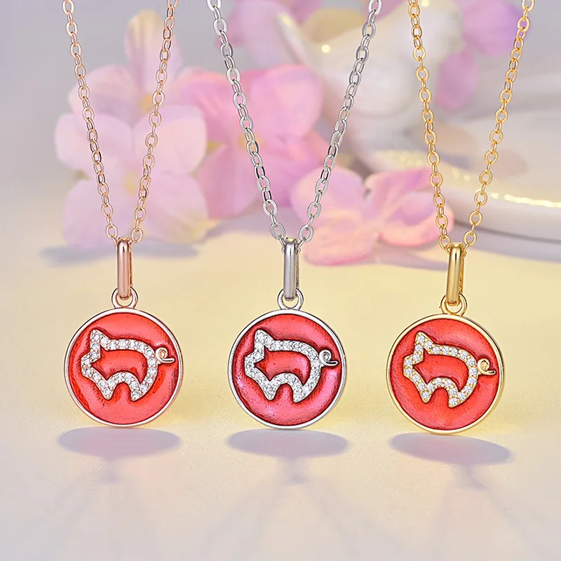 

2019 New Fashion White Rose Gold Red Round Pig Pendant Necklace For Women Men Unisex Girls Birthday Party Gift Jewelry Wholesale