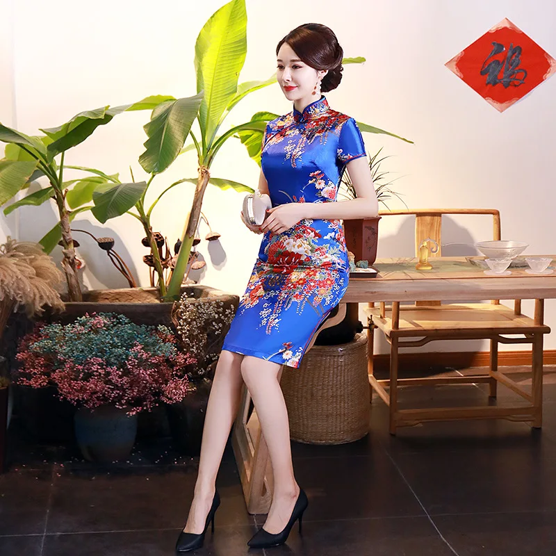 Новое поступление синий китайский Для женщин Шелковый rayou Холтер Cheongsam Мини Qipao платье павлин Размеры S M L XL XXL Бесплатная доставка D0027