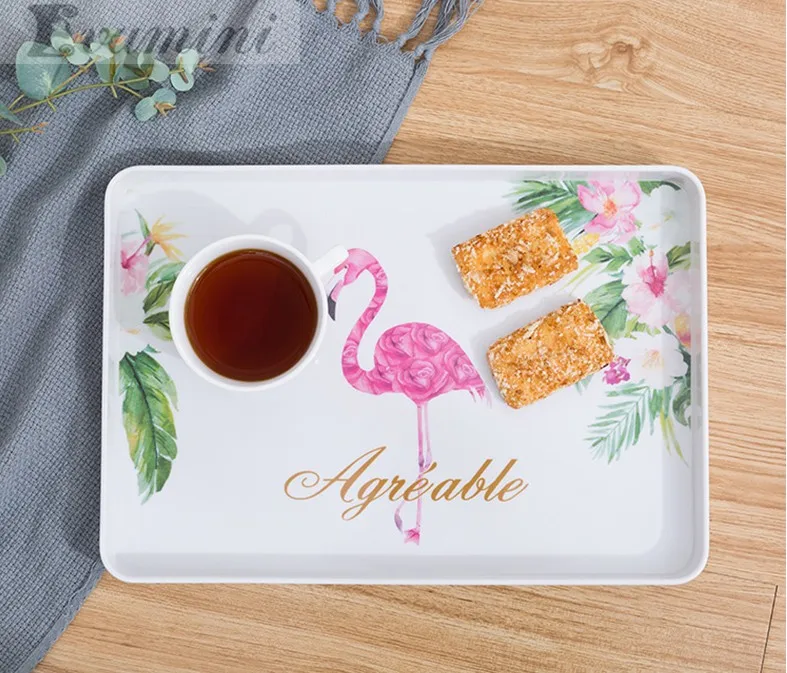 

39CM Square Tray Plastic Serving Platter Cake tray Dessert Tray Candy Tea Flamingo Fruit Tray Kitchen Organization Storage
