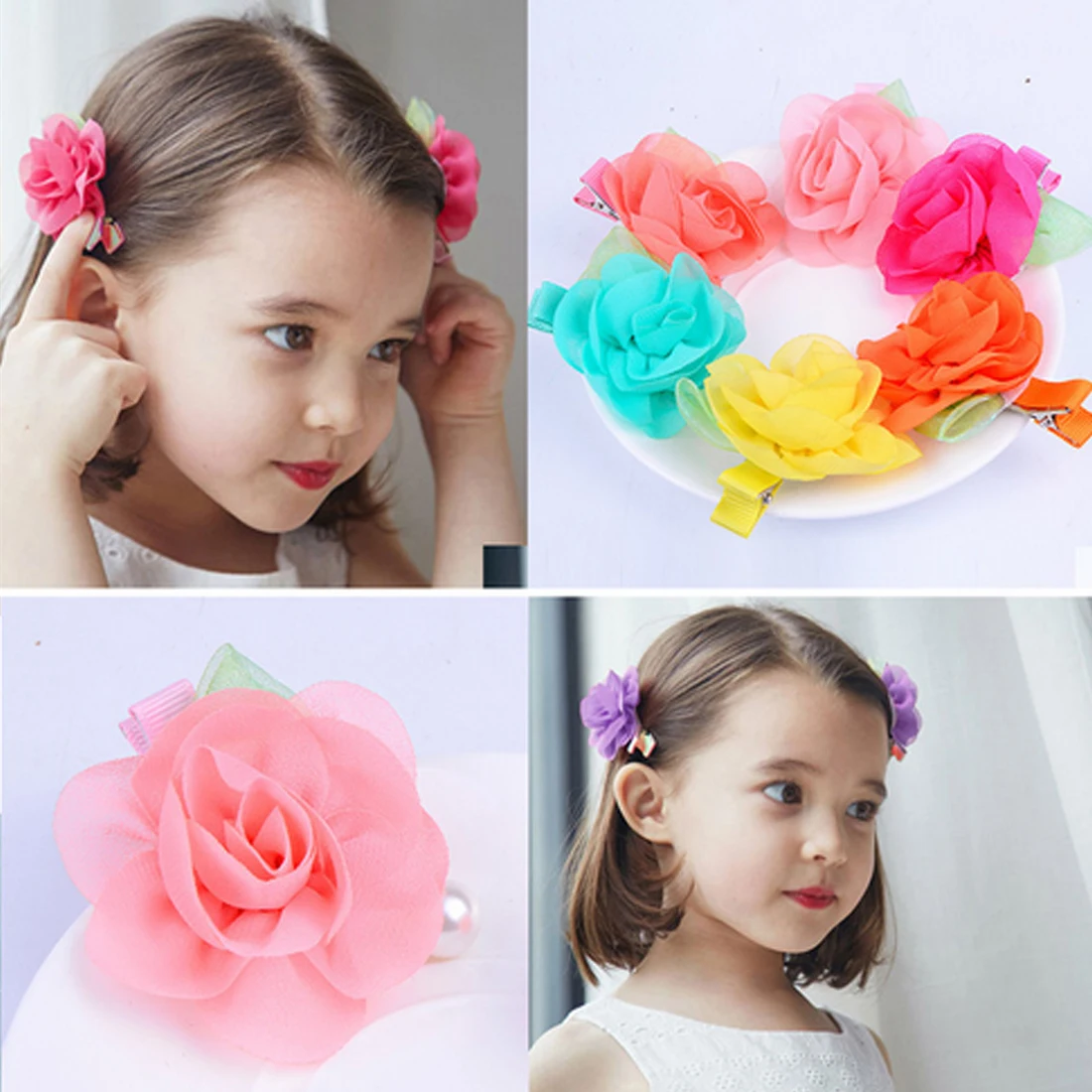 Chiffon Rose Flower Hairpins Kids Accessories Green Leaf Children Hair