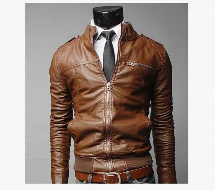 Новое поступление, кожаная мужская куртка, приталенное пальто, стоячий воротник, искусственная кожа, мужская куртка на молнии, верхняя одежда, повседневное кожаное пальто