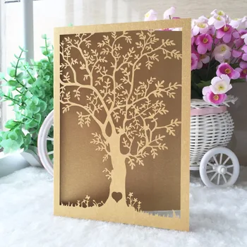 

customized tiffany blue/dark gold/white new style romantic tree shape wedding invitation card envelope and printing inner page