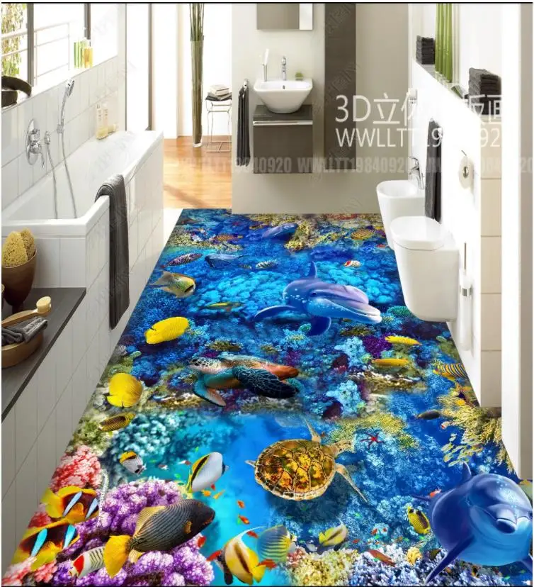 

Custom photo wallpaper 3d Flooring painting wallpaper Mediterranean Underwater World Dolphin 3D Floor Painting wall stickers