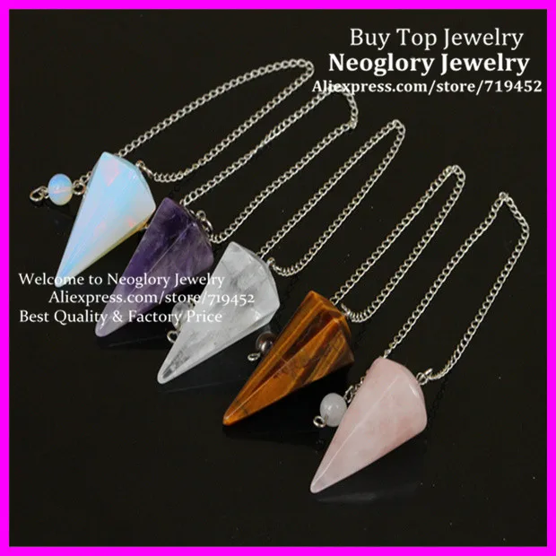 

10PCS Beautiful Carved Faceted Mix stone Dowsing Pendulums, Energy Healing, Gem Pendulum Pendant Beads With Chain