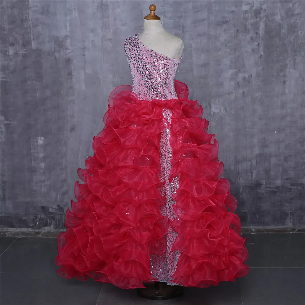 Г. Красные праздничные платья для девочек на свадьбу, бальное платье, одно плечо, органза, оборки, Вышитое Блестящим Бисером, платье с цветочным узором для девочек