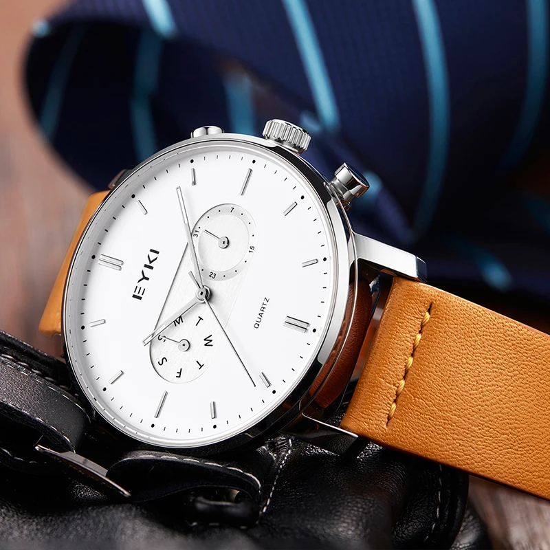 

EYKI 2018 Top Brand Cowhide Leather Strap Quartz Watch Double dial Date Men Watches Simple fashion Male Clock Relogio Masculino