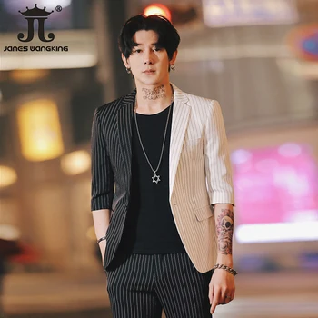 

Stripe Mens Blazers Korean Suit For Men Printed Blazer Slim Fit Social Club 2 Pieces Mens Smoking Para Hombre Combinaison Homme