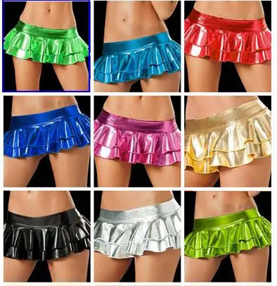 

1 piece 2022 Sexy Women's Metallic Shiny Mini Skirt Solid Ruched Elastic Waist Party double layers pleated Short Skirt