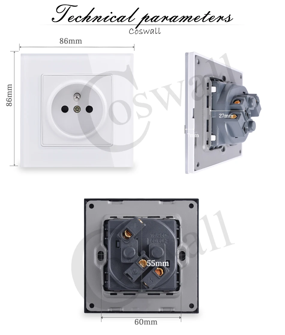 Coswall стены кристалл стекло панель Разъем питания заземлен 16A французский стандартный электрическая розетка 86 мм* 86 мм