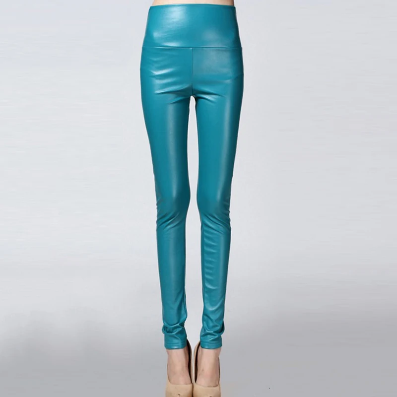 Женские брюки-карандаш из искусственной кожи с высокой талией, леггинсы Harajuku, черные флисовые брюки для женщин, Весенняя теплая белая одежда - Цвет: Water blue
