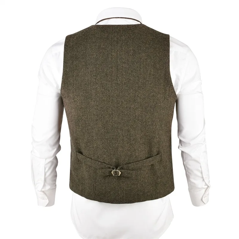 VOBOOM Khaki Tweed Men's Vest Suit Slim Fit Wool Blend Single Breasted Herringbone Waistcoat Men Waist Coat For Man 007 image 3