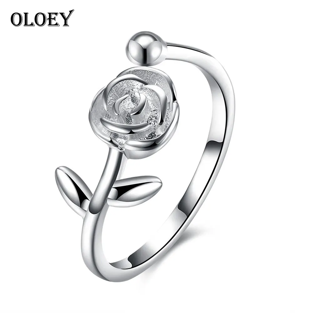

OLOEY Rose Flowers Women Open Rings 100% Real 925 Sterling Silver Adjustable Ring Best Gifts for Ladies Fine Jewelry YMR019