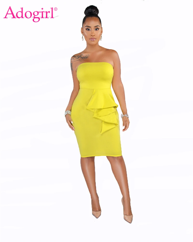 

Adogirl Ruffle Strapless Mini Party Dress Elegant Women Sexy Bodycon Dresses 2019 New Female Casual Clothing Night Club Outfits