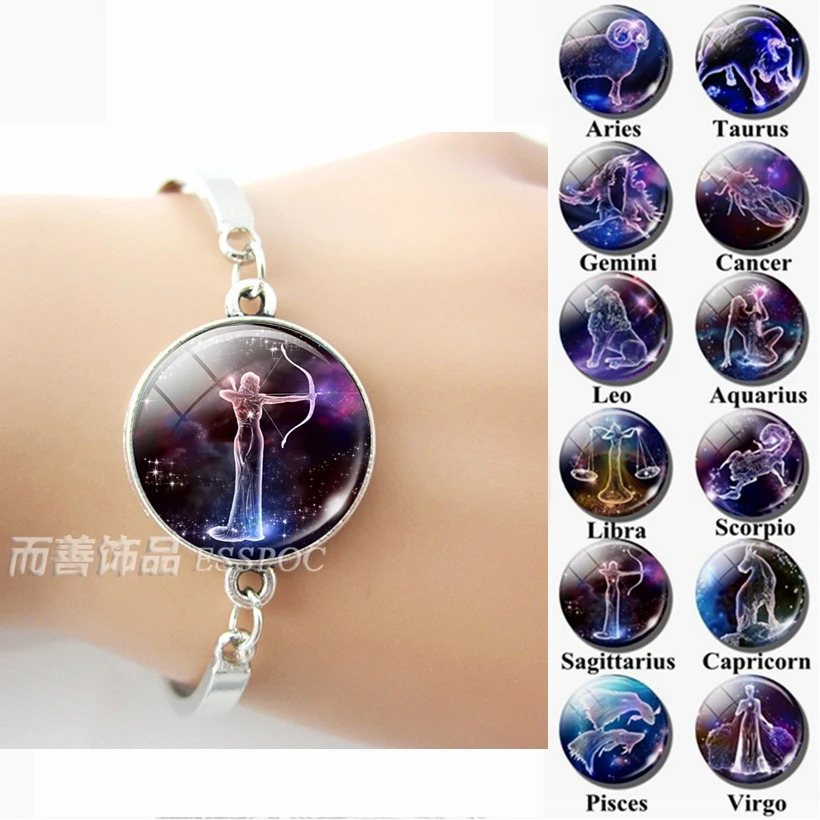 

12 Zodiac Signs Glass Dome Constellations Silver Metal Bracelet Fashion Jewelry Women Aries Cancer Libra Leo Virgo Birthday Gift