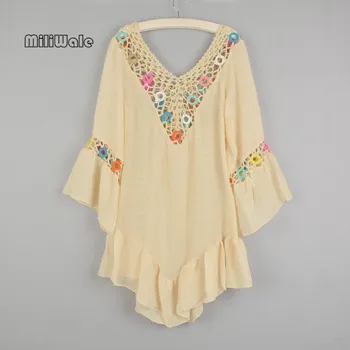 

New hot sale fashion deep V neck beachwear hollow out spring summer loosen blouse long sleeve pullover women cover shirts S628