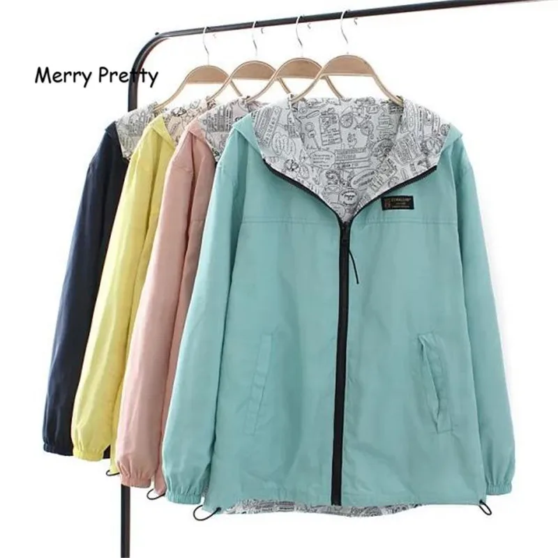 low cost  MERRY PRETTY Autumn 2018 Women Jacket Coat Pocket Zipper Hooded Two Side Wear Cartoon Print Outwear