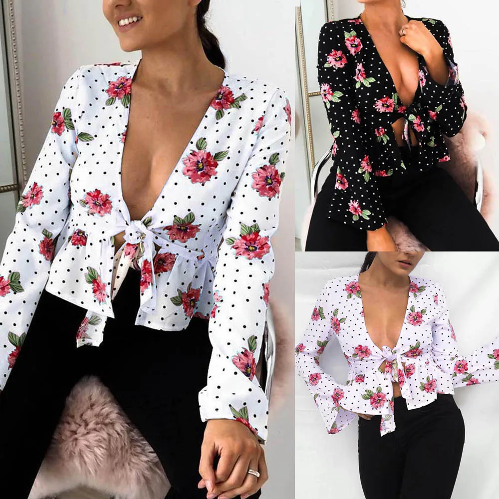 

Women Ladies Long Sleeve Deep V Casual Flower Top Dots And Flower design Loose T Shirts Drop Shipping