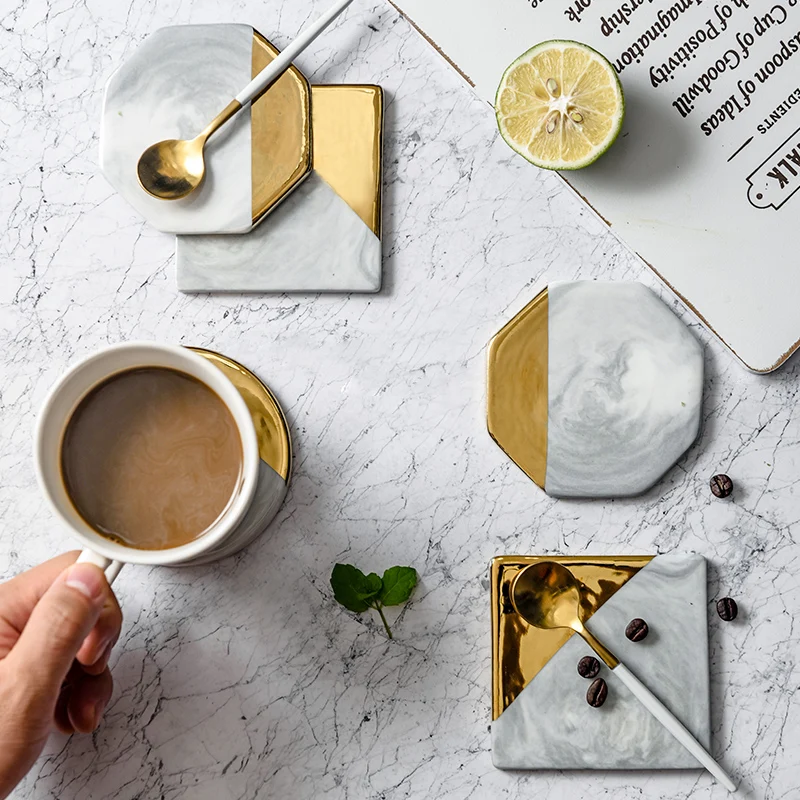 1PCS Marble Cup Mat Gold Marble Coaster Cup Mat Round Square Octagon Placemat Pad Holder Mug Coaste