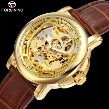 

FORSINING New Fashion Golden Mechanical Watch Men Design Top Brand Luxury Leather Skeleton Man Auto Wristwatch Relogio Masculino