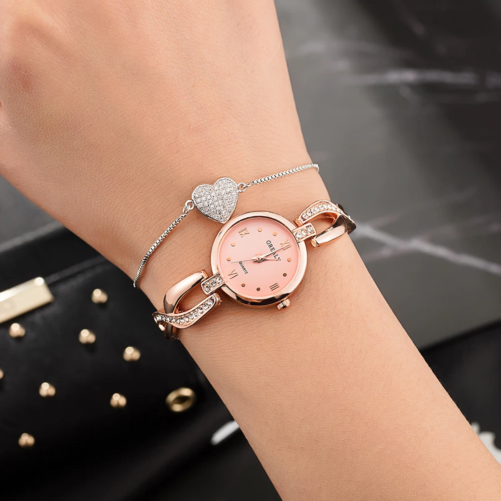 GREALY женские часы из сплава с милым браслет с кулоном сердце набор для подарка часы коробка топ горячий дизайнер дамы платье наручные часы