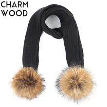 Дети вязаный шарф с двойной енота меховым помпоном мальчики и девочки кашемир обычный черный шарфы, шали Обёрточная бумага зимние теплые аксессуары