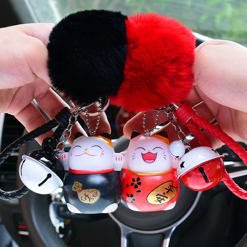 Милый брелок с помпоном из кроличьего меха и мультипликационным принтом Lucky Cat