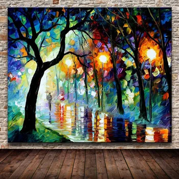

Large 3D Palette Knife Oil Painting Modern Landscape Abstract City Home Decor Wall Art Pictures Set Rain Tree Road On Canvas