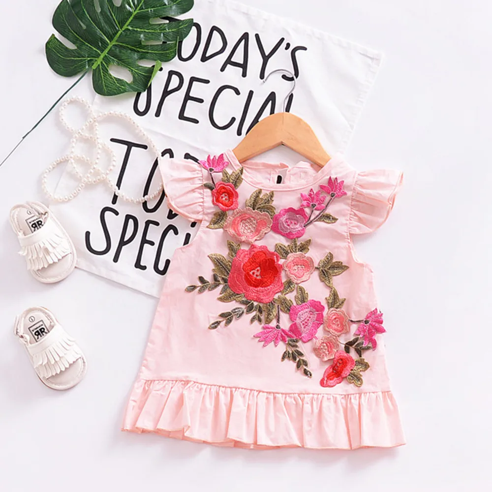 Милое платье для маленьких девочек; летняя одежда с рюшами; платья без рукавов с цветочной аппликацией; vestido infantil