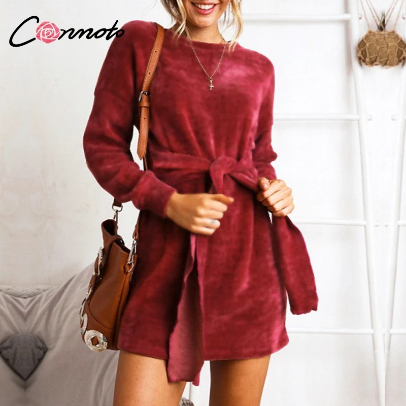 

Conmoto Velvet Solid Red Dress Elegant Winter Short Dresses Party Retro Dress Women Long Sleeve Belt Tie Dress Vestidos