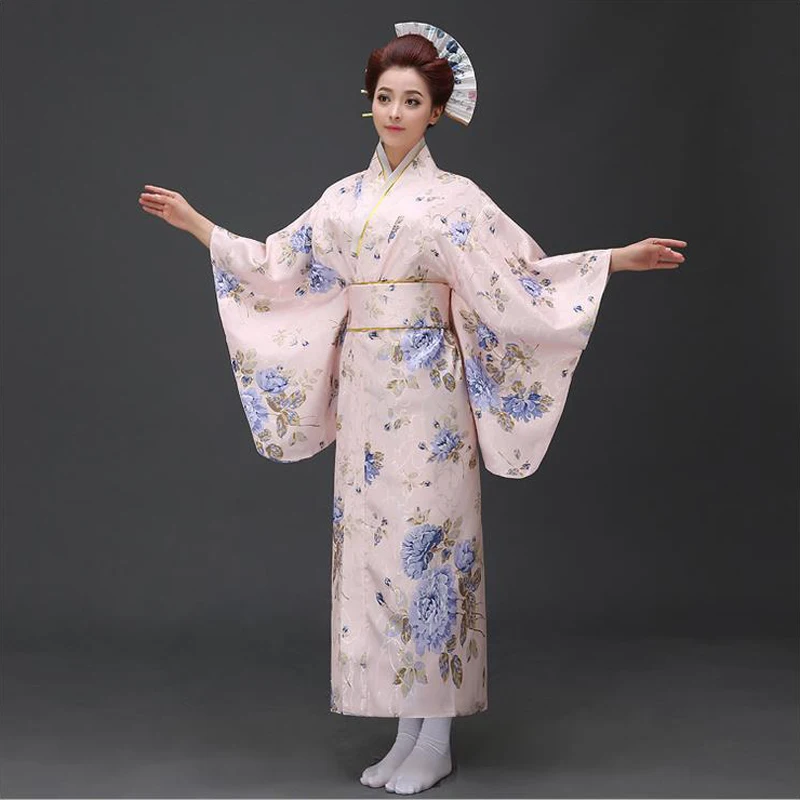 

Japanese Traditional Women Cotton Kimono Vintage Yukata With Obi Performance Dance Dress Novelty Evening Dress One Size JK054