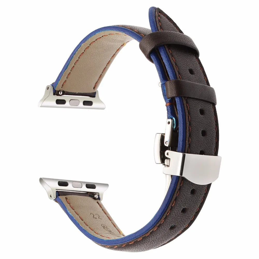 France Genuine Leather Watchband for iWatch Apple Watch 38mm 40mm 42mm 44mm Series 1 2 3 4 Dual Color Band Butterfly Clasp Strap