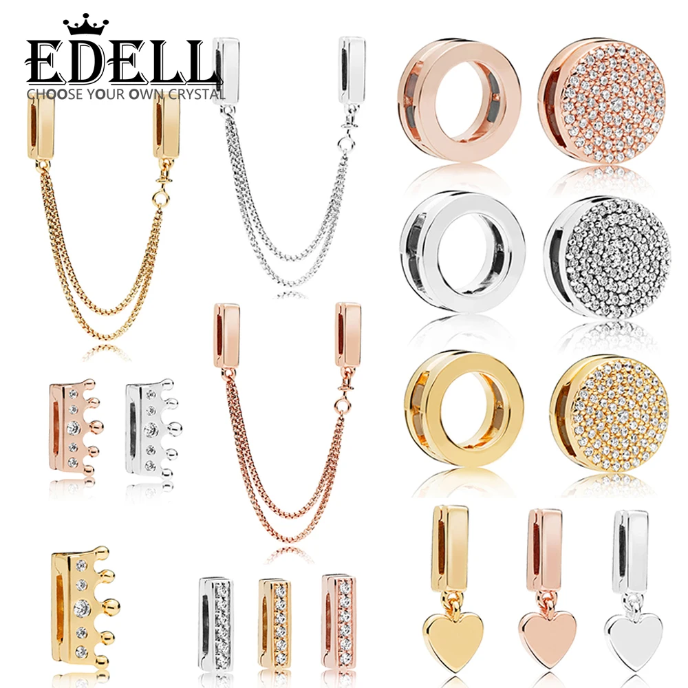 

EDELL S925 sterling silver SHINE REFLEXIONS DAZZLING ELEGANCE CLIP Rose Crown Clip Floating Heart Bracelet Charm Safety