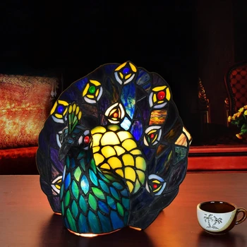 

European style Tiffany art glass peacock table lamp Thai Phoenix bar living room dining room bedroom decorative lamp