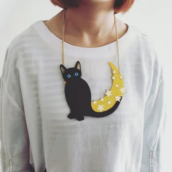 

Fashion Lovely Black Cat Acrylic Necklace Animal Themes Pendant Necklace Star Moon Trendy Acrylic Necklace Women Sweater Chain