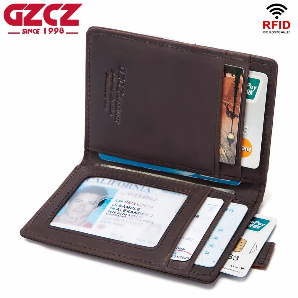 GZCZ Натуральная кожа ID/кредитный держатель для карт бизнес тонкий кошелек двойной передний карман с RFID Блокировка мини кошелек Portomonee