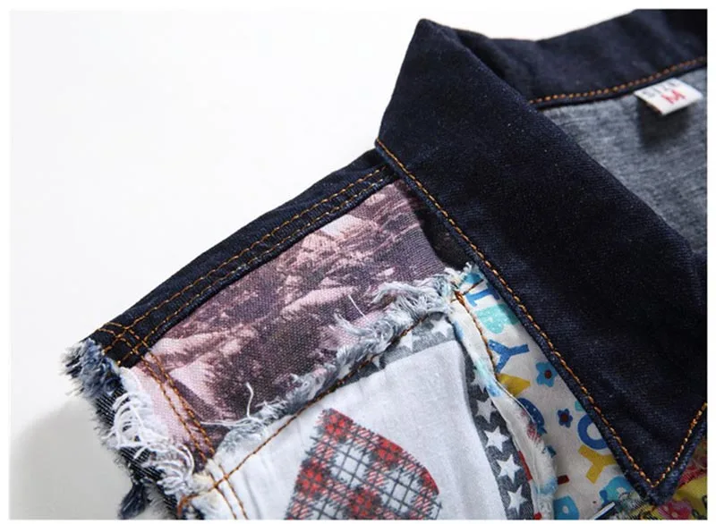 Mcikkny Fashion Men's Denim Vest Patch Design Jeans Waistcoats Washed Sleeves Jackets For Male Colorful Patchwork Size XL-2XL  (1)