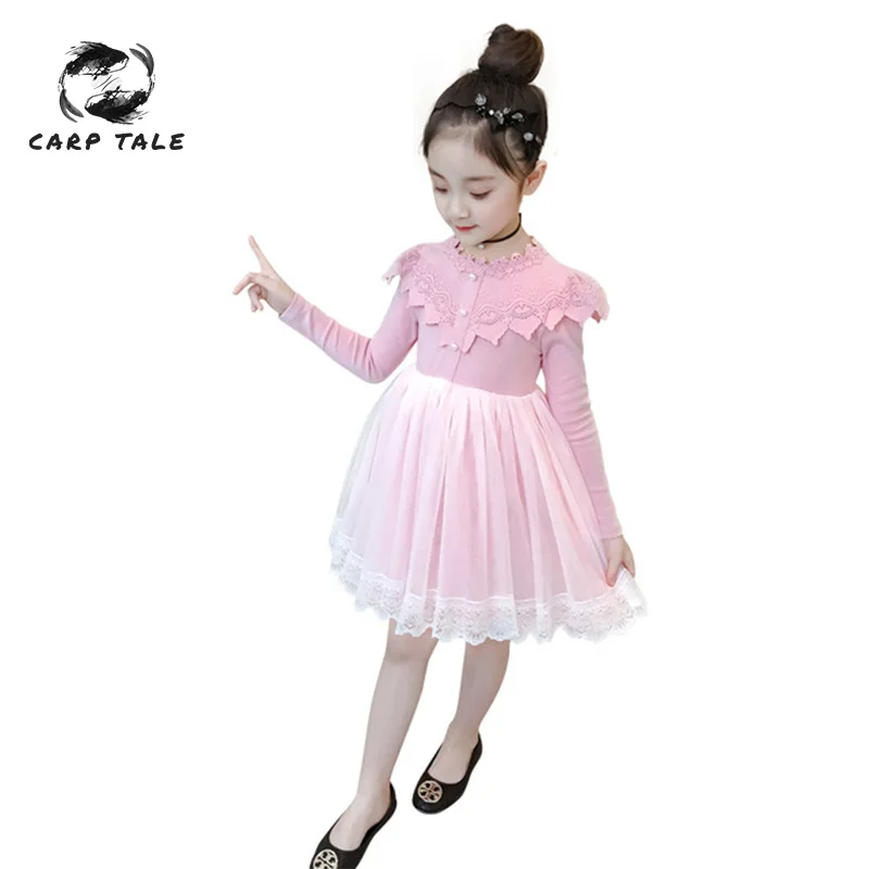 

Hot New 2019 Girls Long Sleeve Dress Pink Green Embroidered Pearl Decoration Spring Children Princess Dress Children's Wear