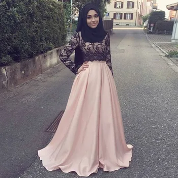 

Modest Muslim Evening Dresses Islamic Abaya With Black Lace Evening Gowns Formal Party Dress Dubai Kaftan Robe de soiree
