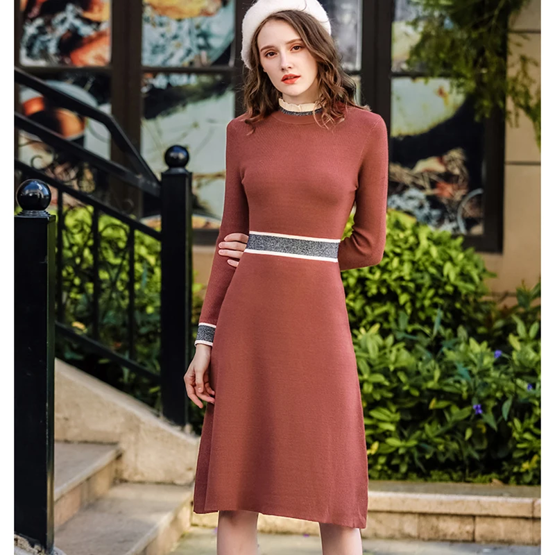

Vintage Women Sweater Dress 2018 Winter New Patchwork Ruffles Neck Long Sleeve Dress Female Midi A Line Knitted Dress Vestidos