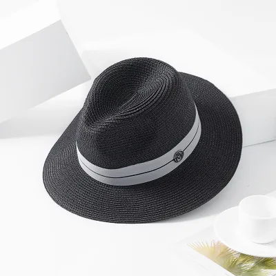 Новая летняя Панама шляпа для женщин черная лента соломенная шляпа модные дамские шляпы для похода в церковь пляжная шляпа от солнца - Цвет: Black