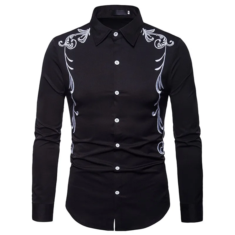 

British Style Men Shirts Europe Size Long Sleeve Embroidery Casual Slim Fit Blouse Man Solid New Black White Social Shirt Male