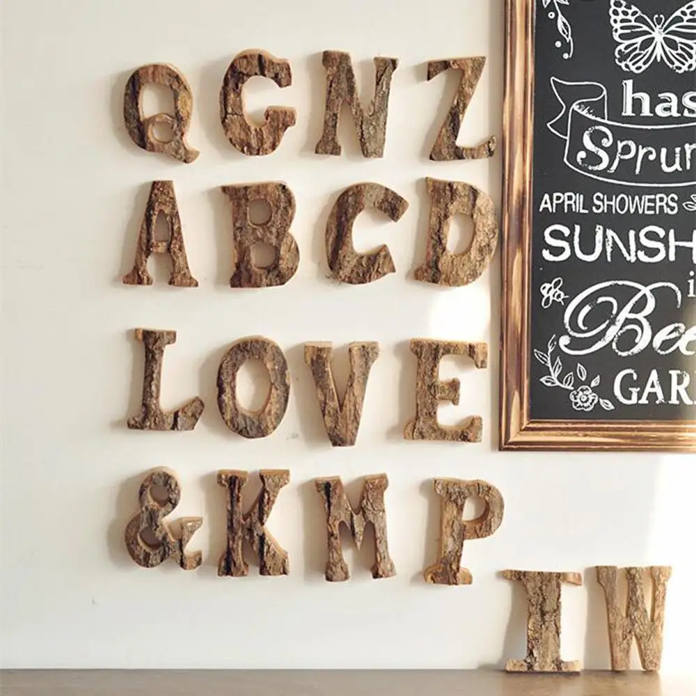 

Wooden Letters Numbers, 1pcs Retro Wooden Bark English Letters Alphabet Numbers for DIY Party Home Wedding Decorations
