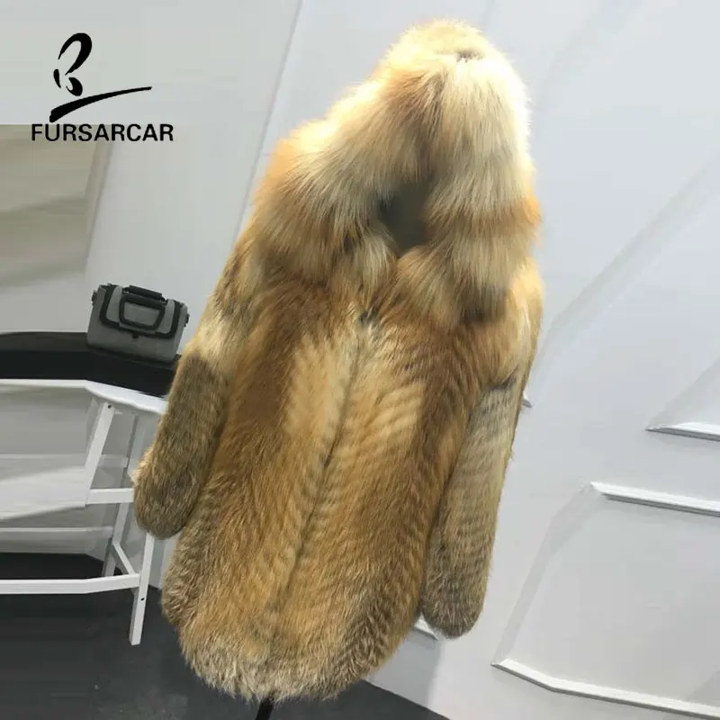 FURSARCAR Fashion Luxury Real Fur Coat Silver Fox Fur Coats Genuine Leather Women Overcoat Winter Thick Warm 70cm Long Clothing Coats