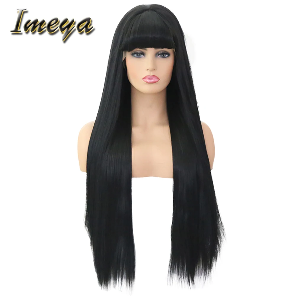 

Imeya Silky Straight #1B Black Hair Synthetic Lace Front Wigs With Cut Bangs High Temperature Fiber Lace Front Wig 150% Density