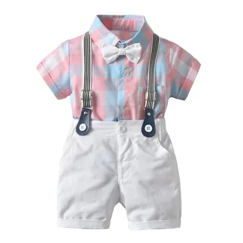 

4Pcs/Set Baby Boys Clothes Plaid Print Shirt+Shorts+Straps+Bow Tie Kids Summer Kids Clothes suit Fashion